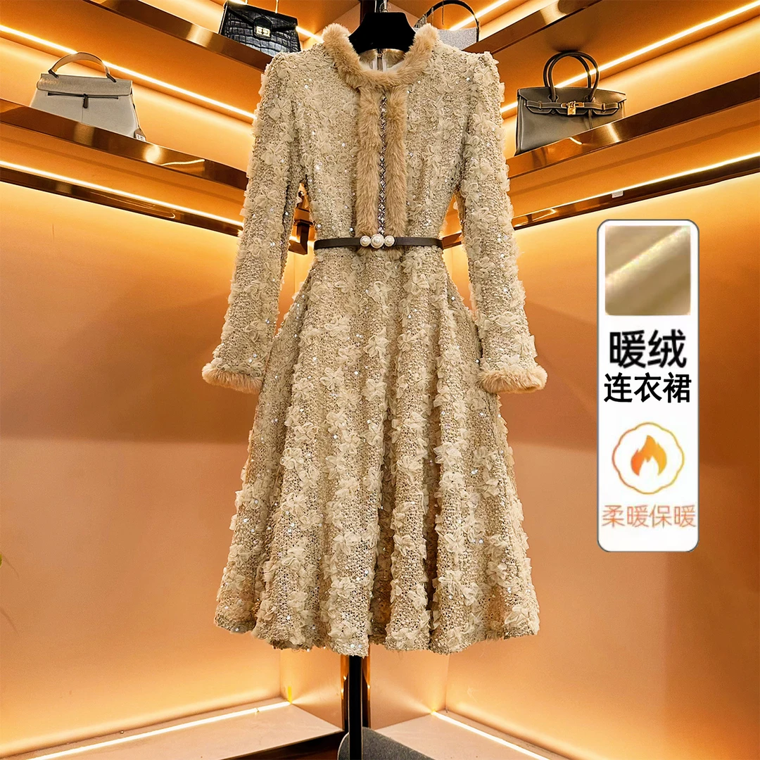 加绒加厚【鎏金柔绒】轻奢设计师款优雅时尚收腰连衣裙-88500