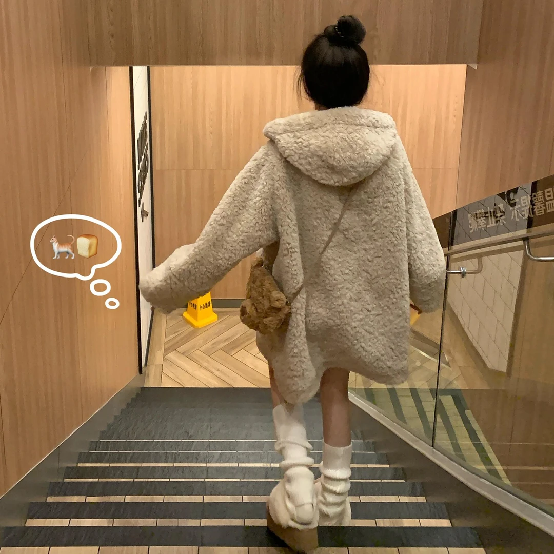 韩系摇粒绒连帽羊羔毛外套女秋冬季2025新款小个子中长款加厚大衣