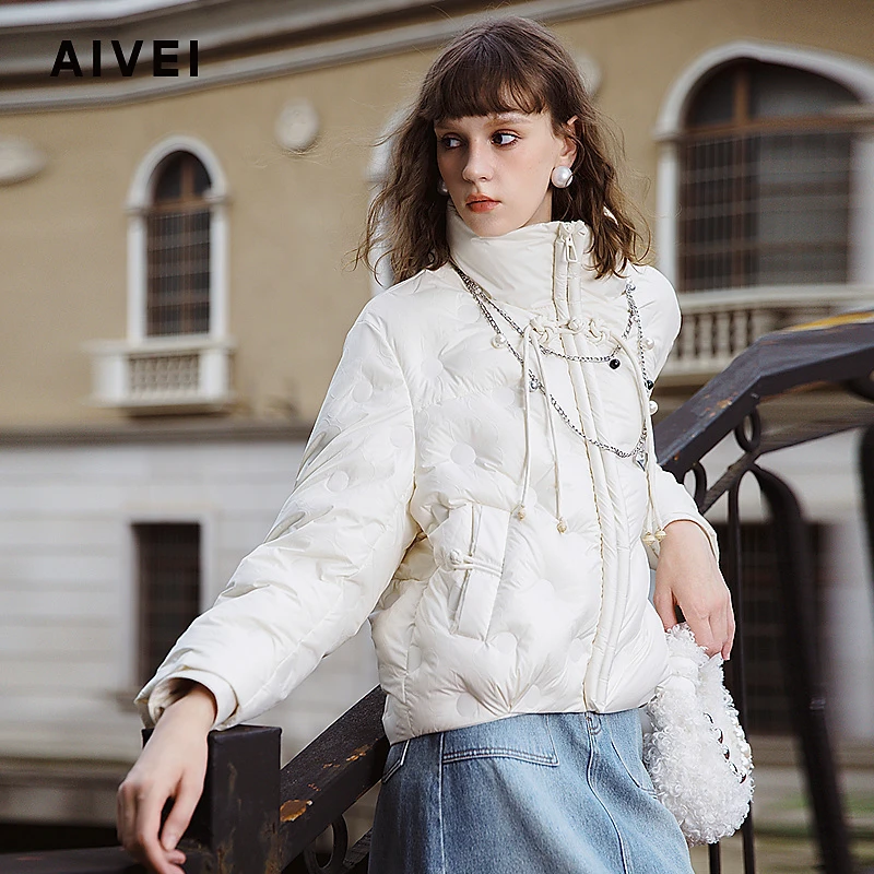 AIVEI小个子国风盘扣花朵绗缝立领羽绒服R762703B