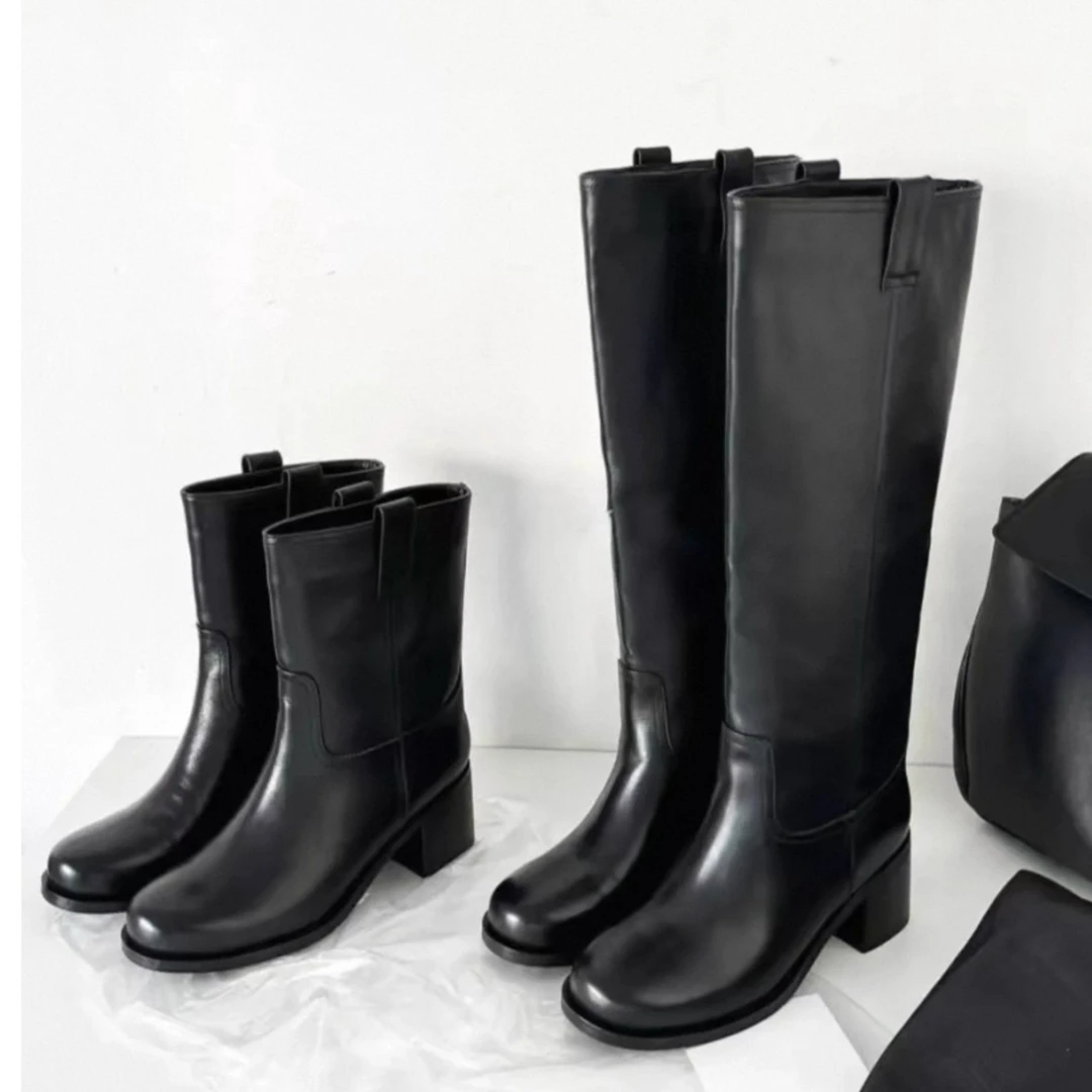 7cm【竹子】大筒围头层小牛皮小腿粗时尚长筒靴长筒厚底秋冬女靴