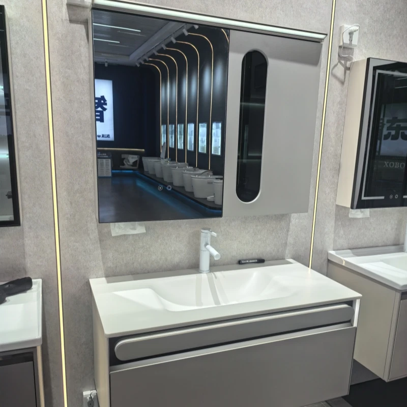 东沃331奶油风浴室柜组合岩板热弯盆航空板烤漆工艺卫生间洗漱台