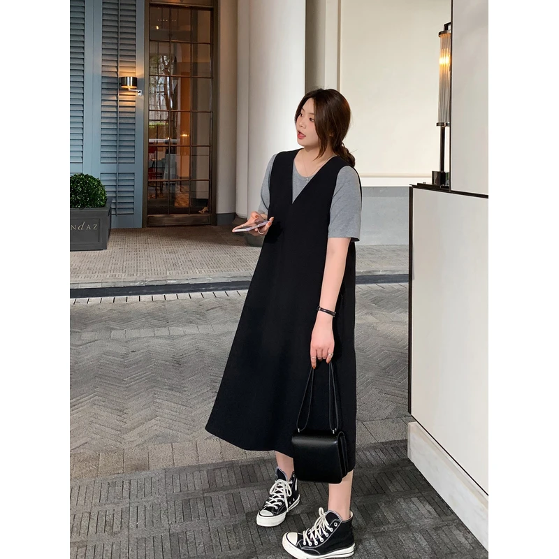 【ALINDM年终大清仓】春胖mmv领背心裙200斤显瘦黑色连衣裙AS24352