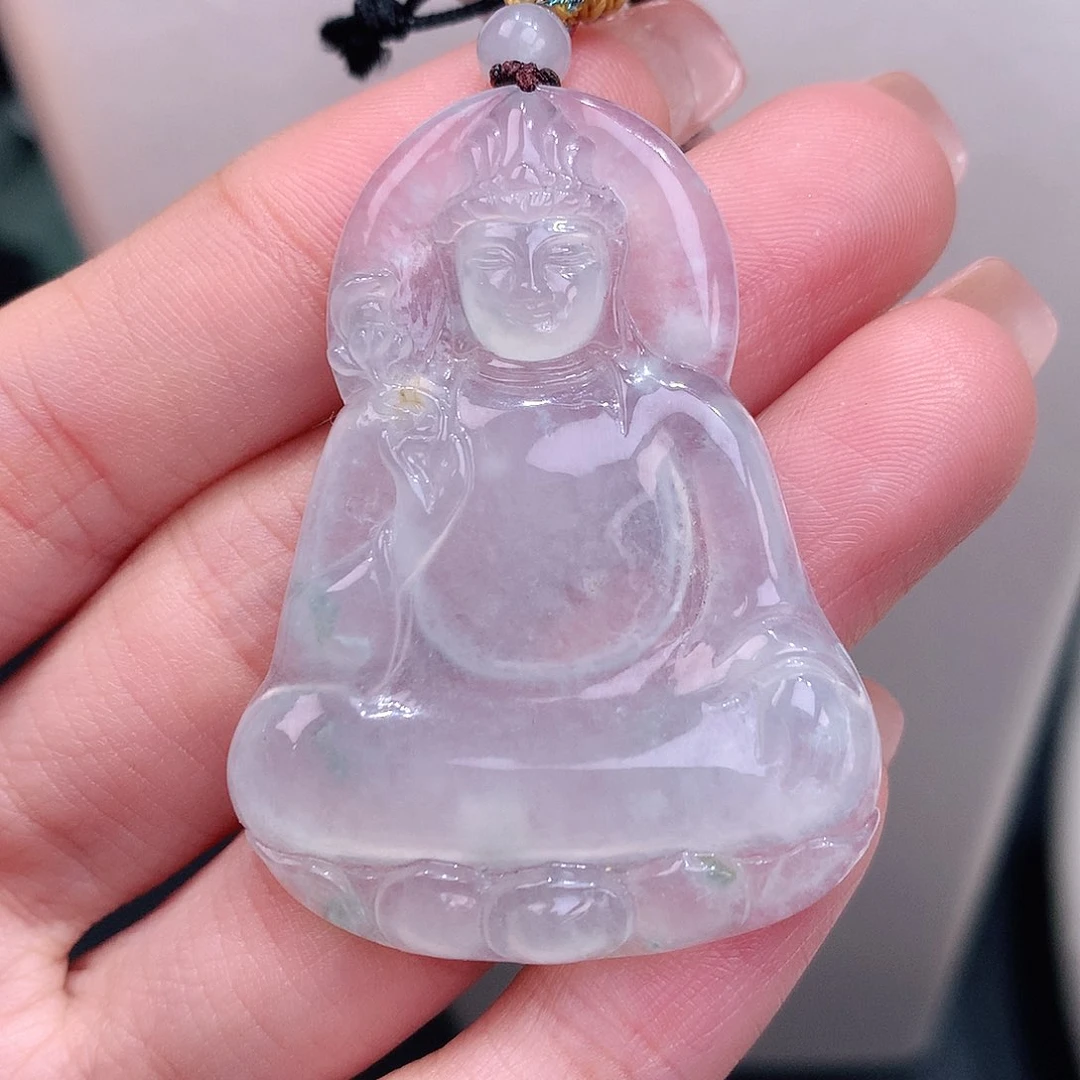 颈饰18K金镶嵌翡翠白冰起胶素衣观音