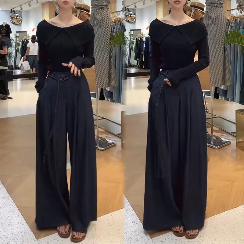 法式复古气质套装女2025春秋新款翻领长袖针织衫显瘦阔腿裤两件套