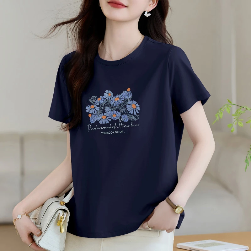 凉感精梳棉圆领短袖t恤女夏季2026新款洋气妈妈装显瘦宝蓝色上衣