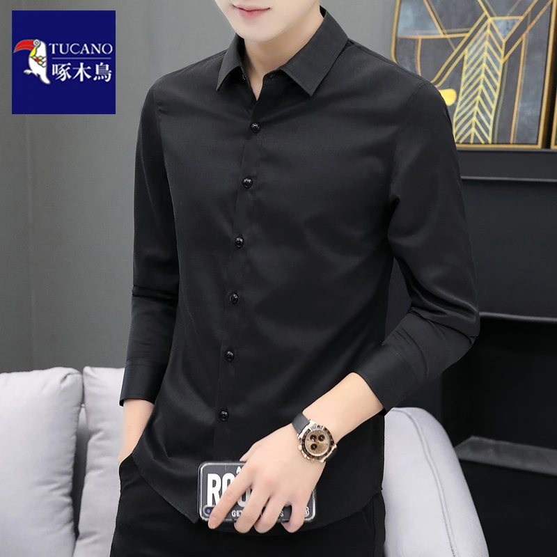 啄木鸟韩版黑色长袖衬衫男士春秋季商务休闲衬衣修身潮牌免烫上衣