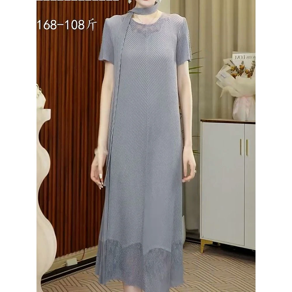 三宅褶皱气质纯色短袖连衣裙2025夏季新款高级时尚宽松遮肉长裙
