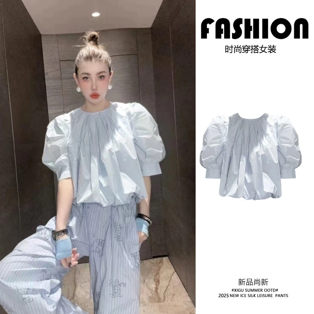 夏季设计感小众不撞款高端欧货洋气圆领褶皱泡泡袖蓝色短袖衬衫女