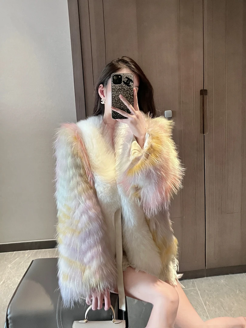 人造皮草 高档皮草外套女名媛等彩色狐狸漂染洋气显瘦8076