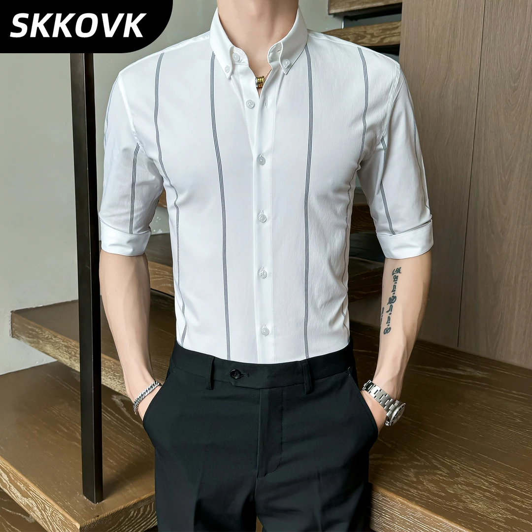 高级感条纹衬衫男短袖夏季新款修身中袖痞帅衬衣商务休闲时尚寸衫