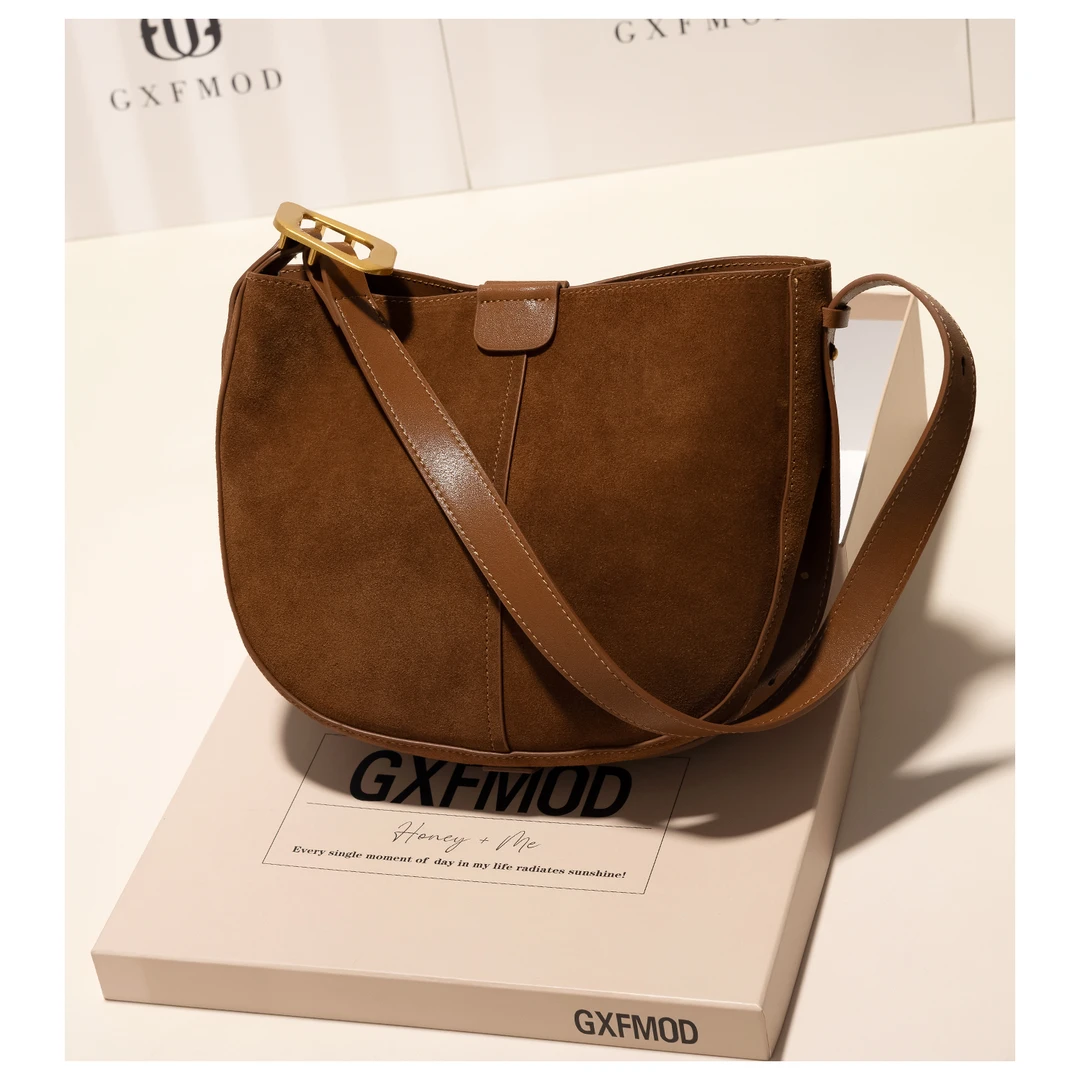 GXFMOD复古牛皮真皮磨砂腋下大容量包包女春夏时尚单肩斜挎水桶包