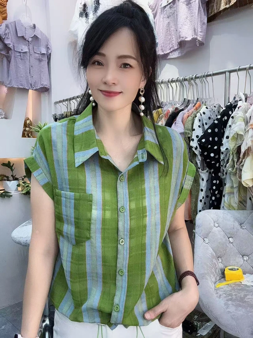 【秀家】夏季竖条绿色清爽透气雪纺衫开衫短袖抽绳调节大小
