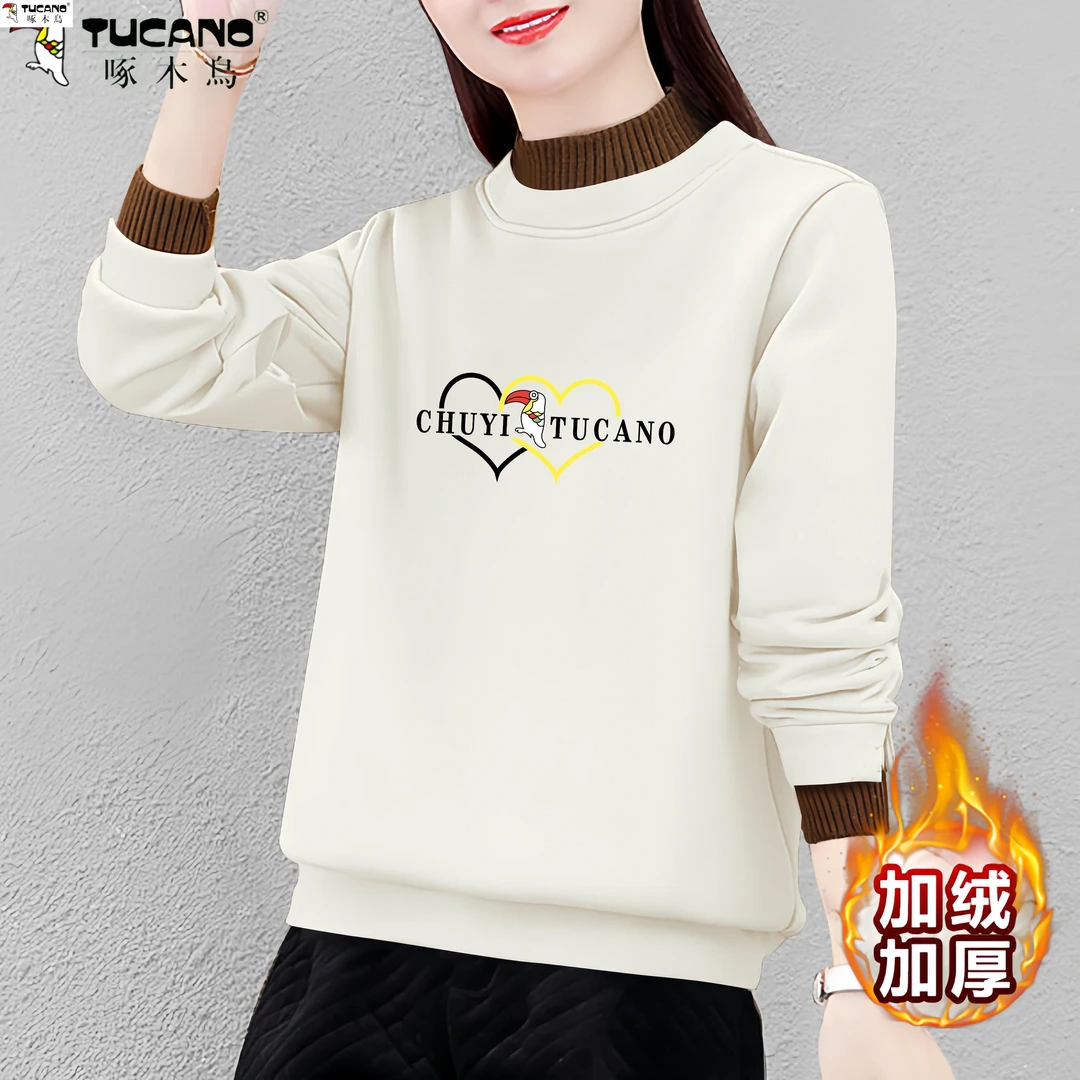 啄木鸟加绒加厚卫衣女冬季新款韩版大码减龄宽松假两件半高领上衣