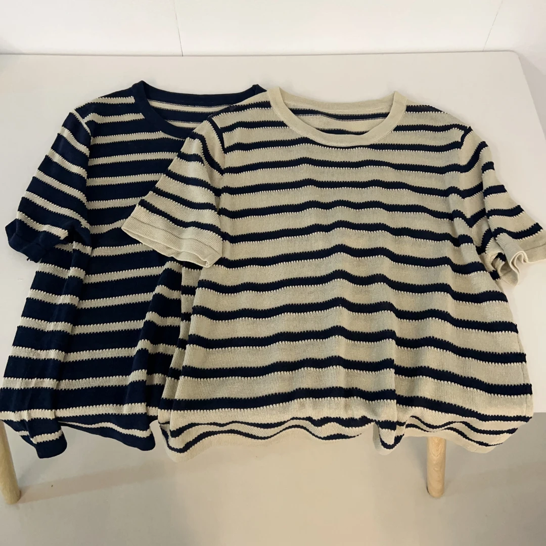 【莱赛尔条纹】韩版夏季冰丝针织短袖百搭显瘦气质亚麻舒适T恤上衣