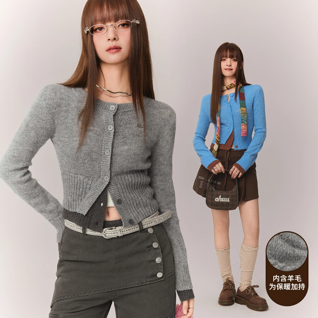 CHUU秋季女装撞色设计修身百搭辣妹穿搭系扣设计气质针织衫