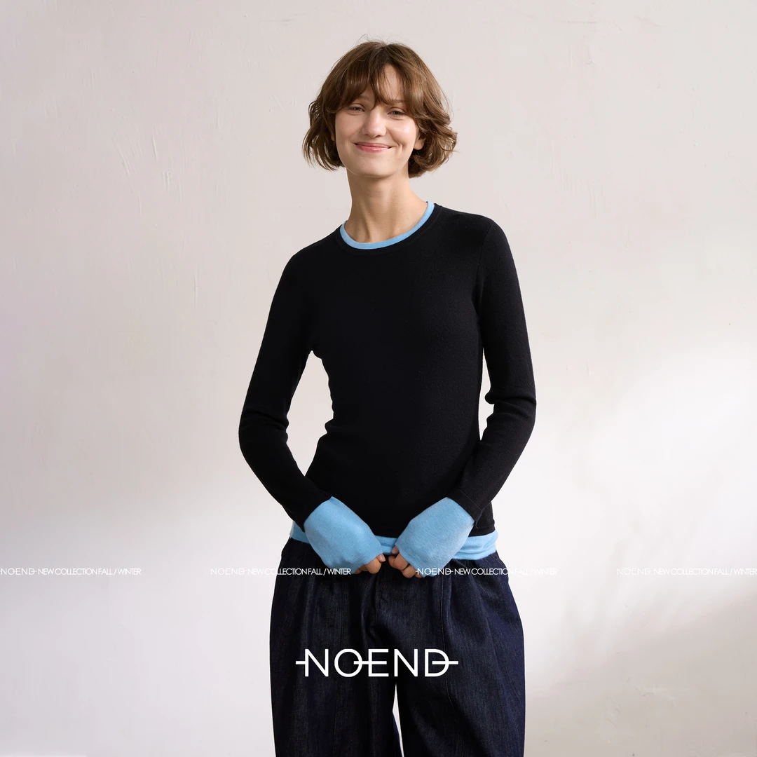 NOEND24SS 格雷系撞色假两件T恤桑蚕丝羊毛针织衫上衣