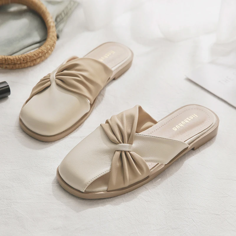 羊皮版~晚晚风温柔平底无后跟懒人一脚蹬法式气质包头半托鞋女夏