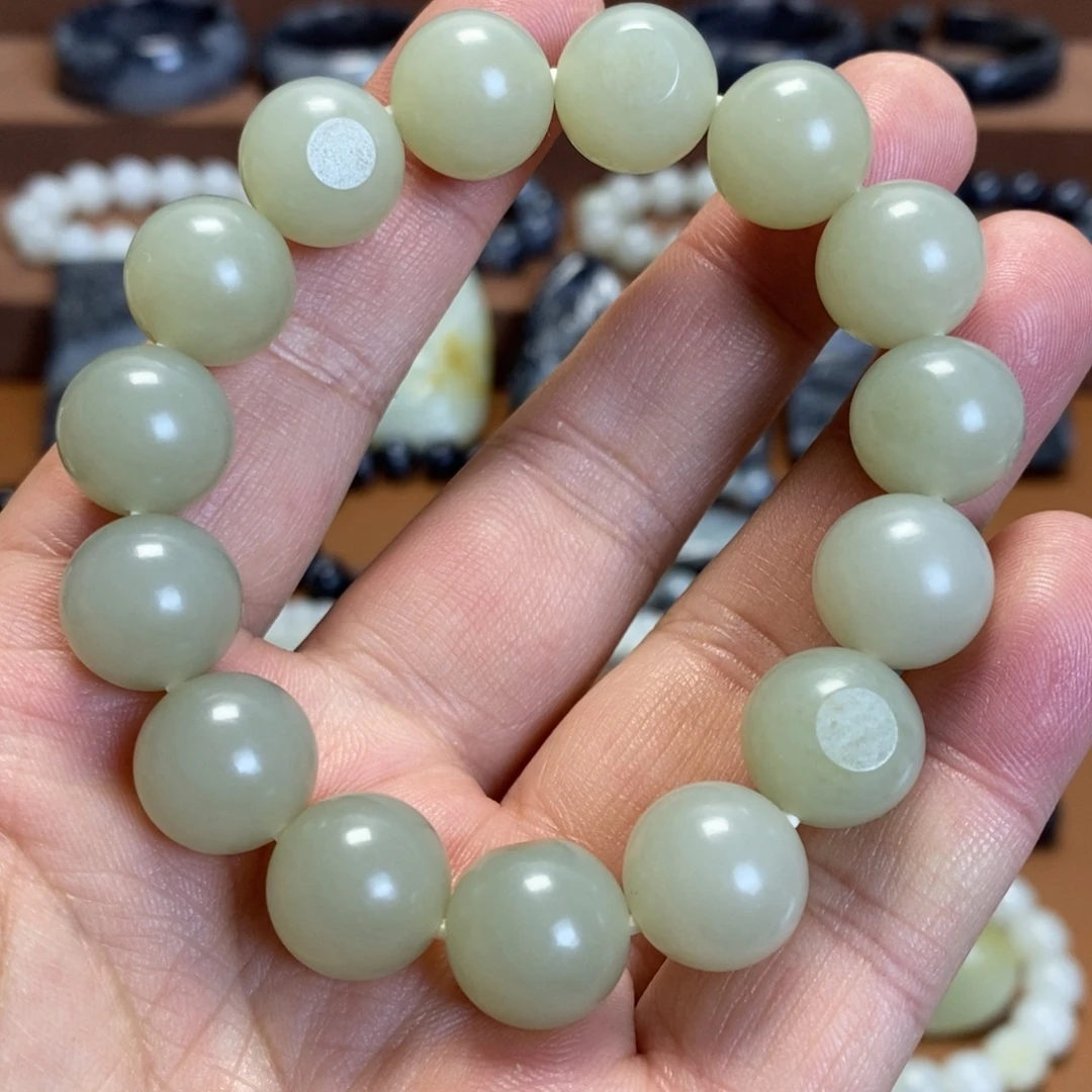 和田玉未镶嵌手串新疆和田玉带皮毛孔14圆珠子料手串