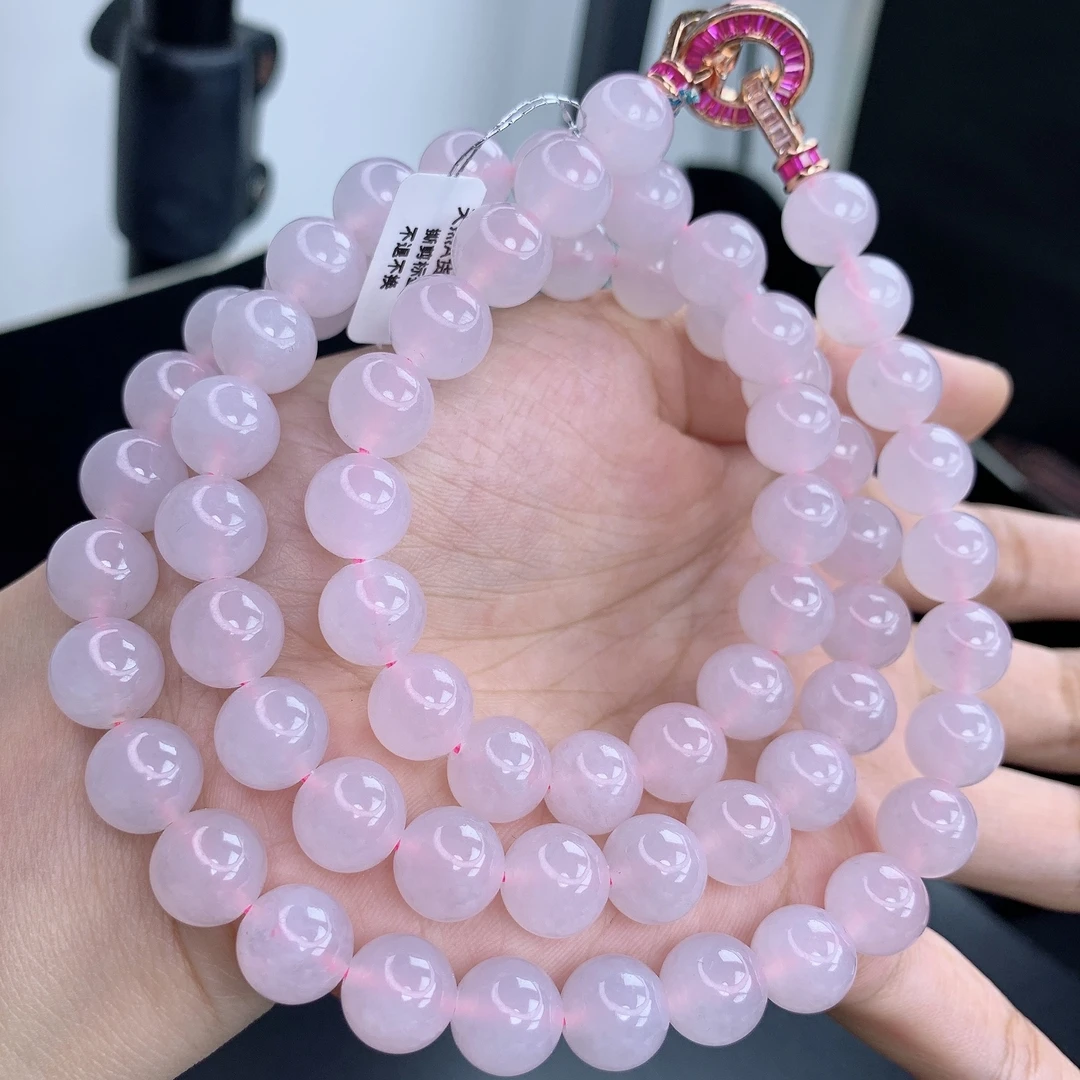 四会 缅甸A货翡翠起冰起胶藕粉色圆珠项链珠链T/10.1mm/680mm