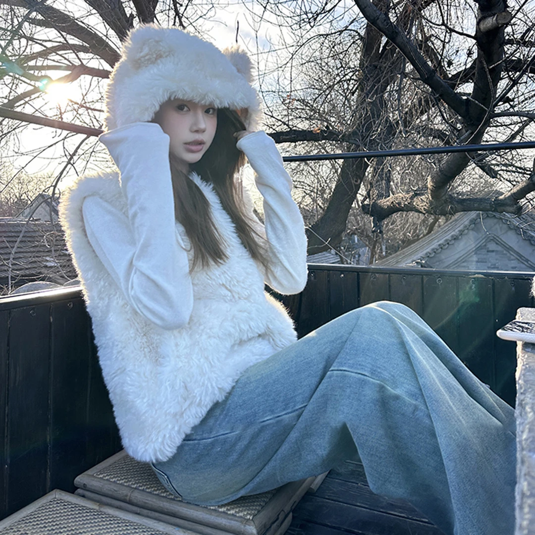 小熊耳朵马甲外套厚款纯色常规款连帽宽松女新款秋冬马甲坎肩背心