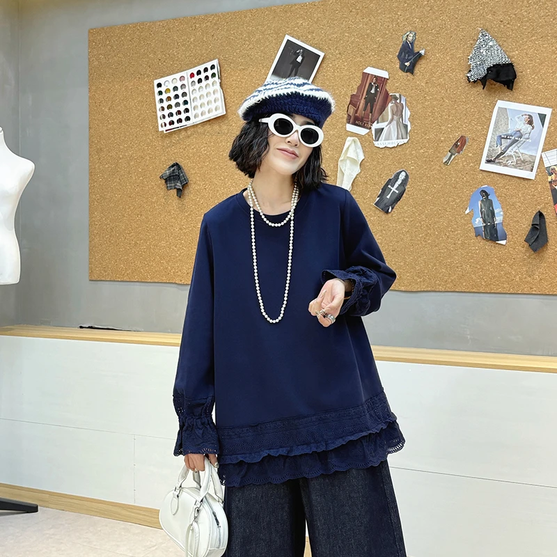 大码女装长袖纯色蕾丝内搭胖mm240斤镂空宽松上衣T恤圆领显瘦女装