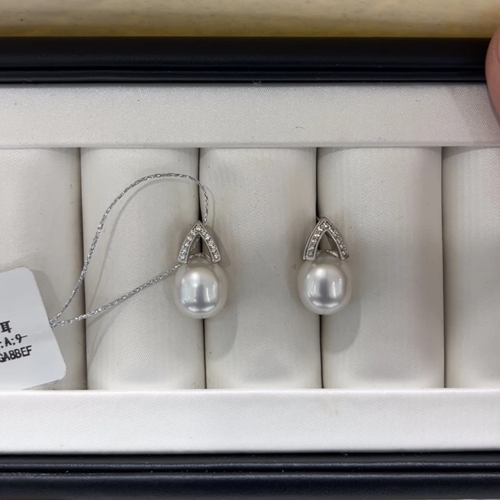 海水珍珠漏澳白设计款耳钉9-10mm银S925镶嵌