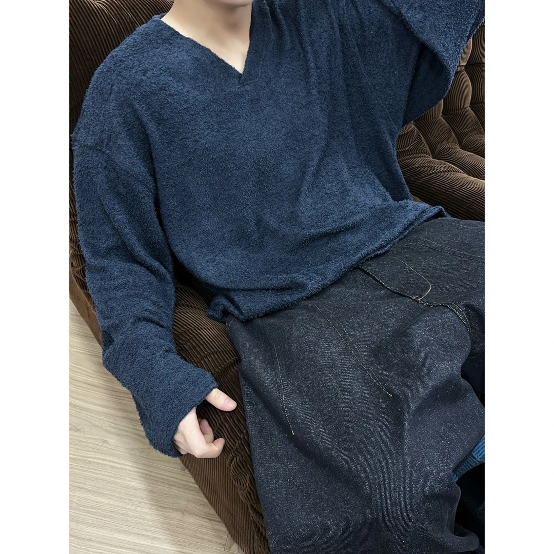 dannyandzee秋冬宽松大版毛绒感百搭纯色复古V领针织长袖T恤798
