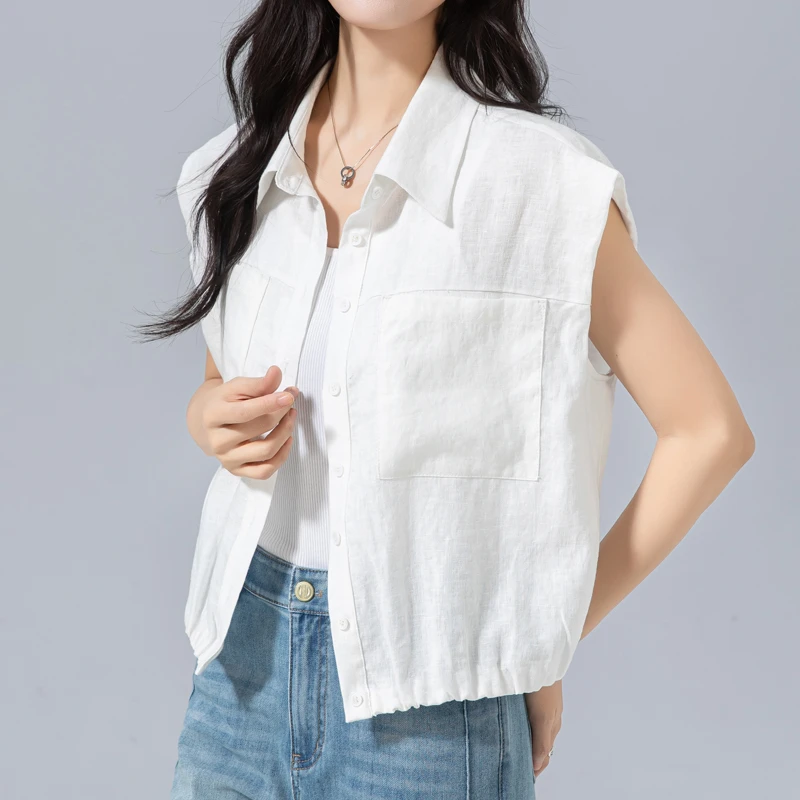 白色衬衫女2025新款轻奢高级感马甲女夏薄款休闲亚麻无袖上衣短款