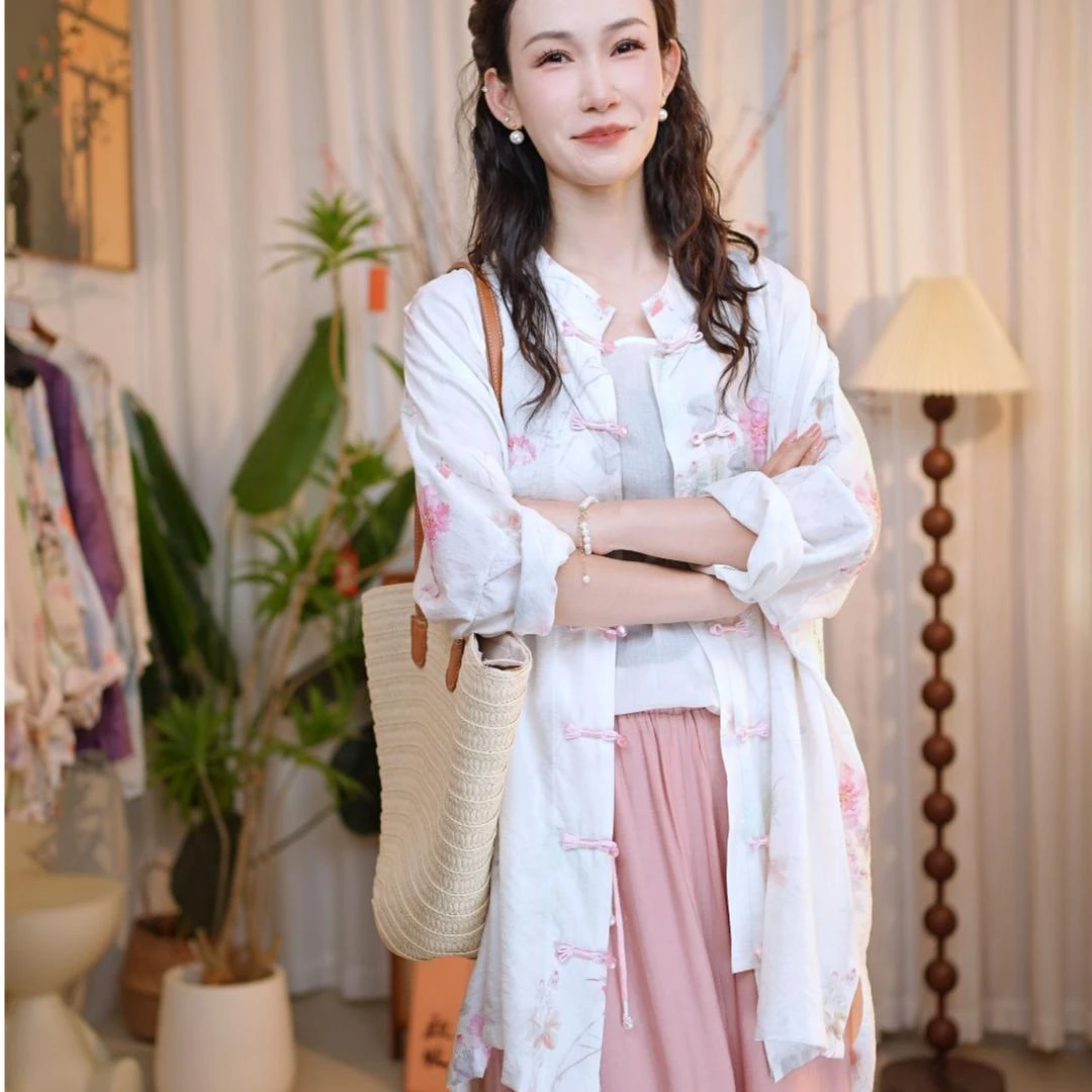 107加长款【扶摇】新中式国风盘扣衬衫印花气质立领外套