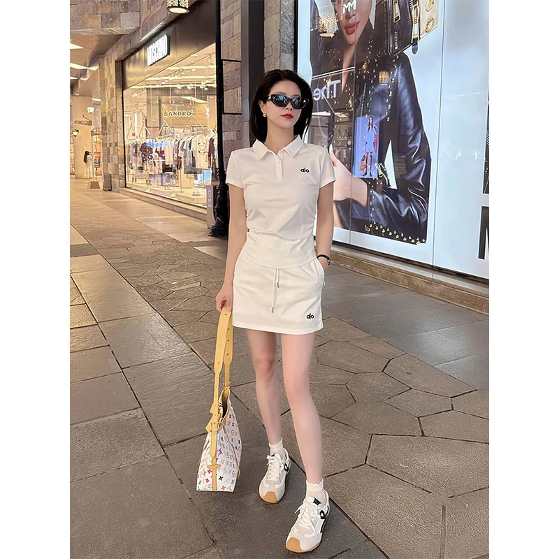 休闲运动风套装女夏季洋气时髦polo领短袖上衣高腰A字短裙两件套