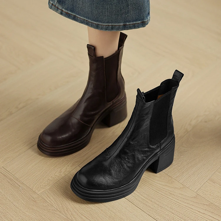 头层羊皮7.5cm～复古弹力短靴厚底粗跟马丁靴女秋冬粗跟时装靴短筒