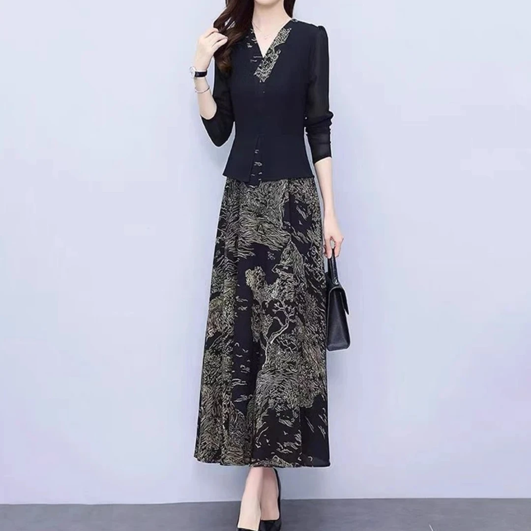 妈妈装减龄洋气女装长袖中长款裙子印花显瘦春季连衣裙碎花百搭