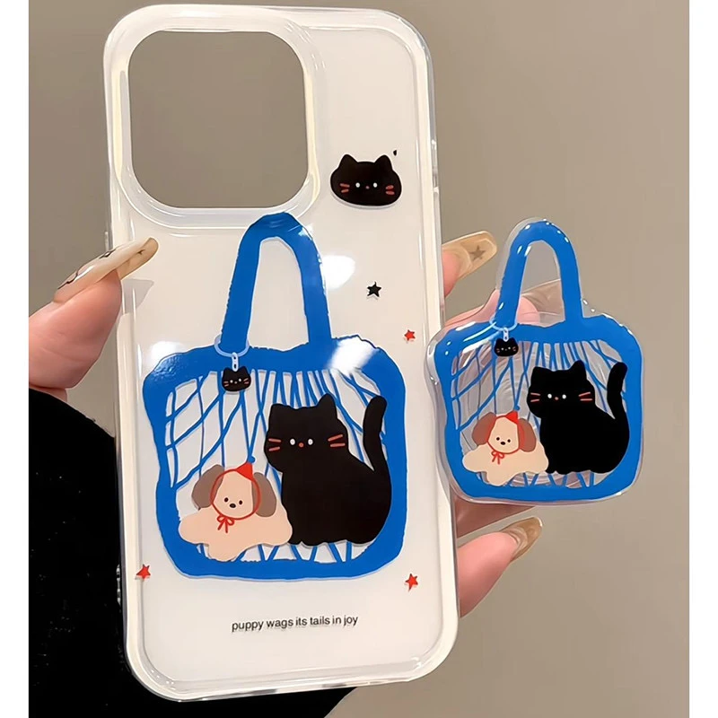 小狗猫咪蓝色购物袋支架适用苹果16大孔手机壳华为oppo小米14vivo