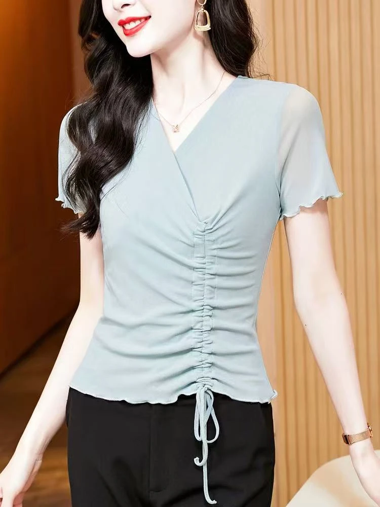 【晴姐】M8270 V领抽绳褶皱显瘦短袖打底衫