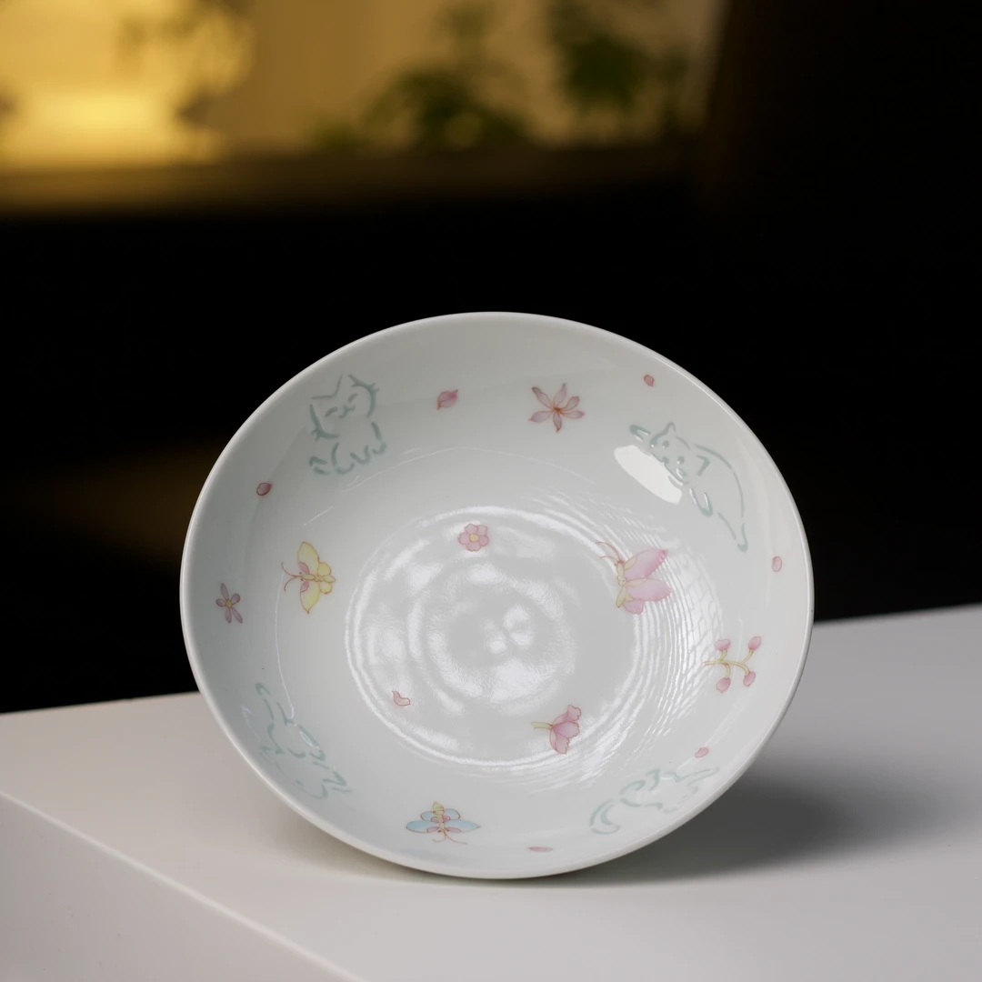 玲珑集 景德镇手绘猫咪蝴蝶玲珑瓷壶承 茶道茶具