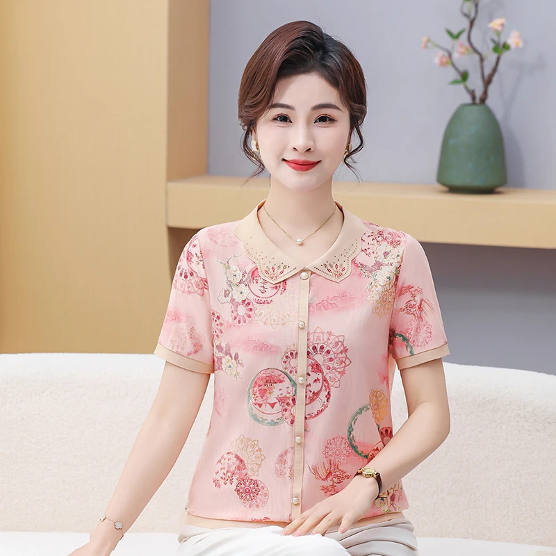 中年妈妈夏装冰丝短袖T恤时尚中老年女装50-60岁洋气时髦国风小衫