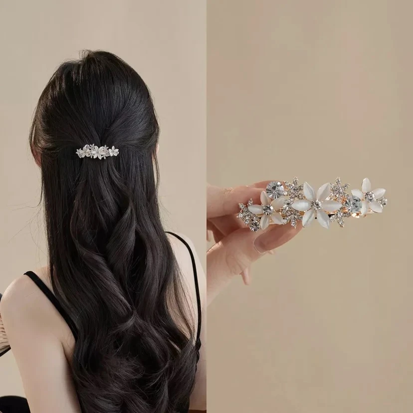 森系优雅花朵弹簧夹发量少后脑勺半扎发卡精致一字刘海夹横夹发饰