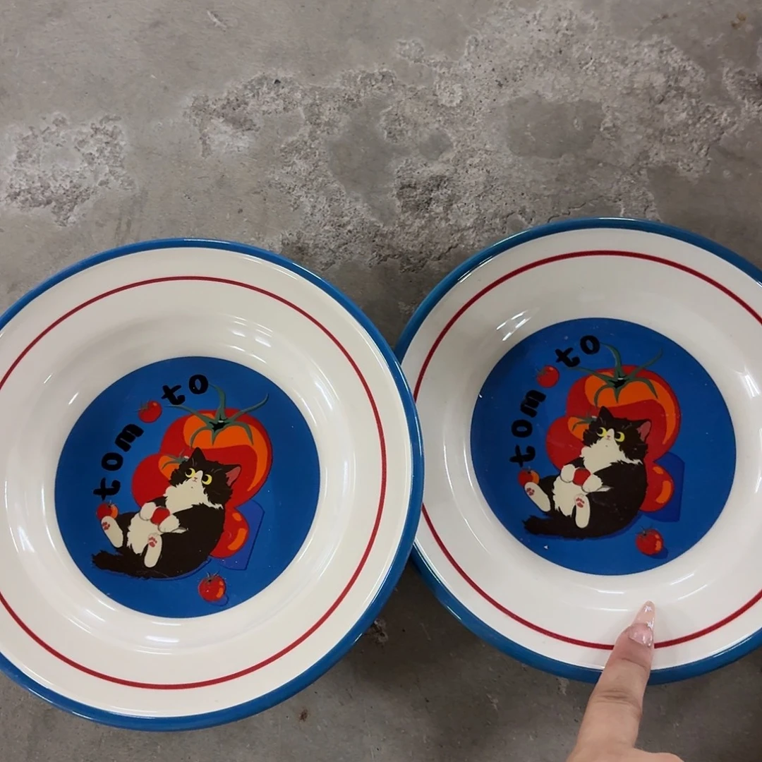 搪瓷微瑕蓝猫深盘加浅盘