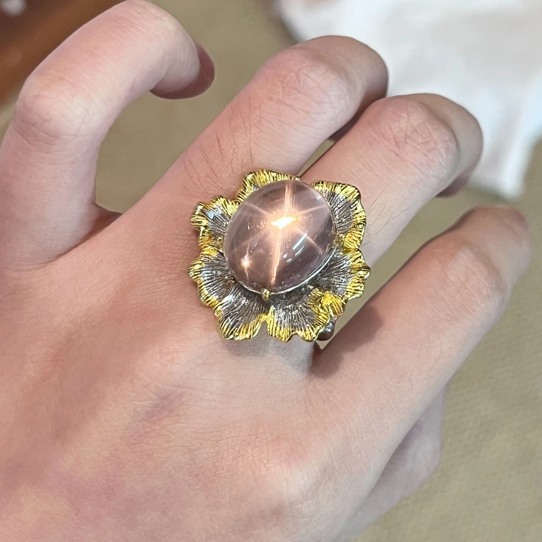 富贵珠宝 超绝六芒星粉水晶戒指