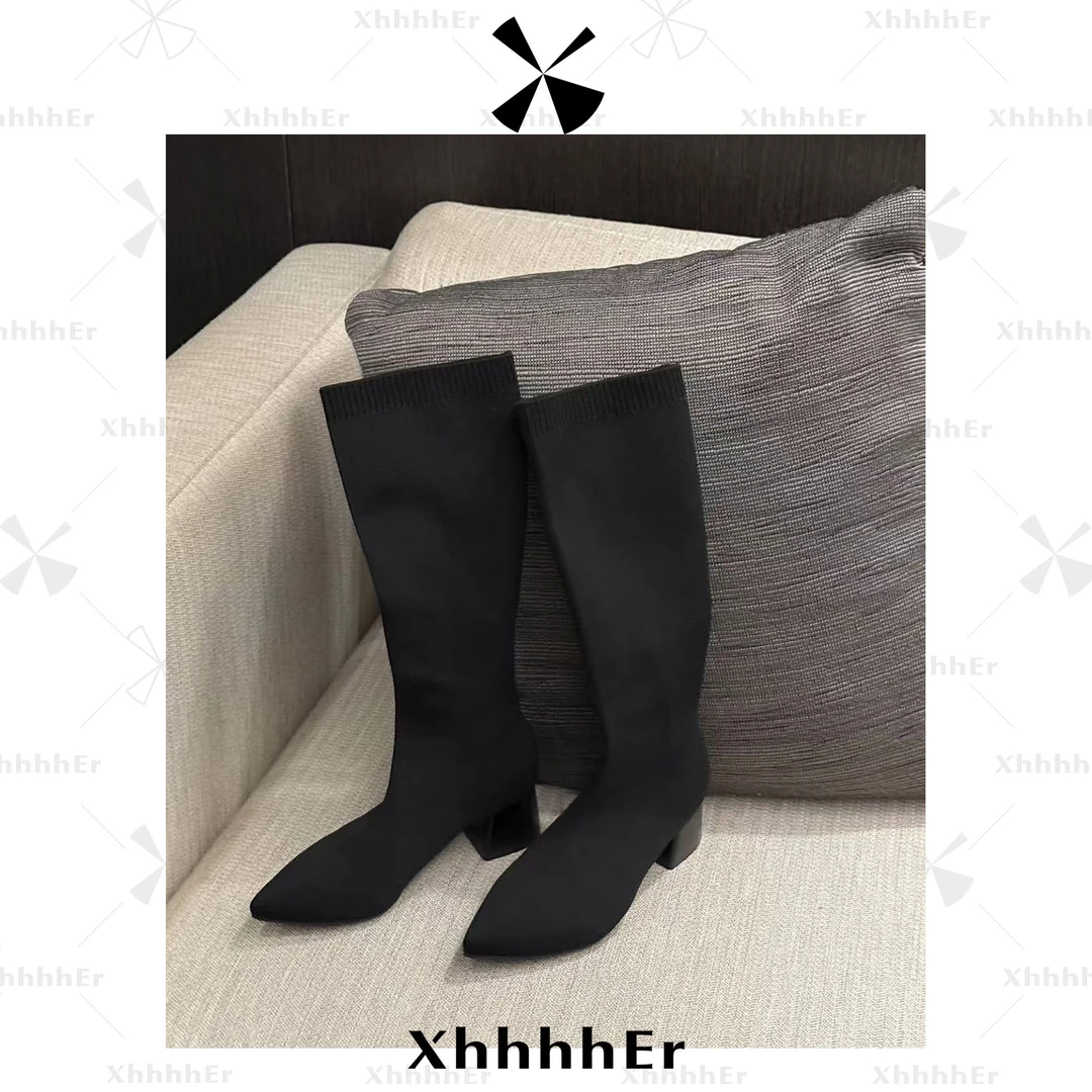 辛儿/小个子 高跟显瘦百搭黑色鞋增高弹力靴高筒瘦瘦靴袜XX1886