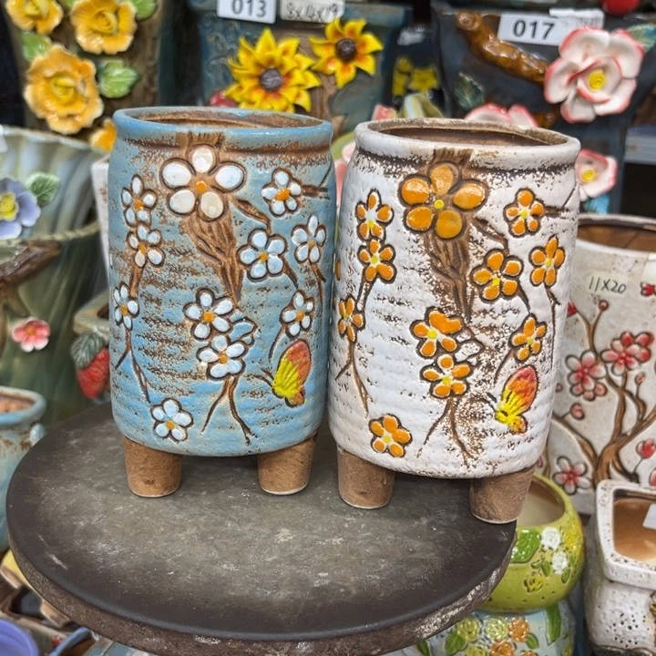 紫砂花盆粗陶材质多肉花盆两个蓝色一个白色