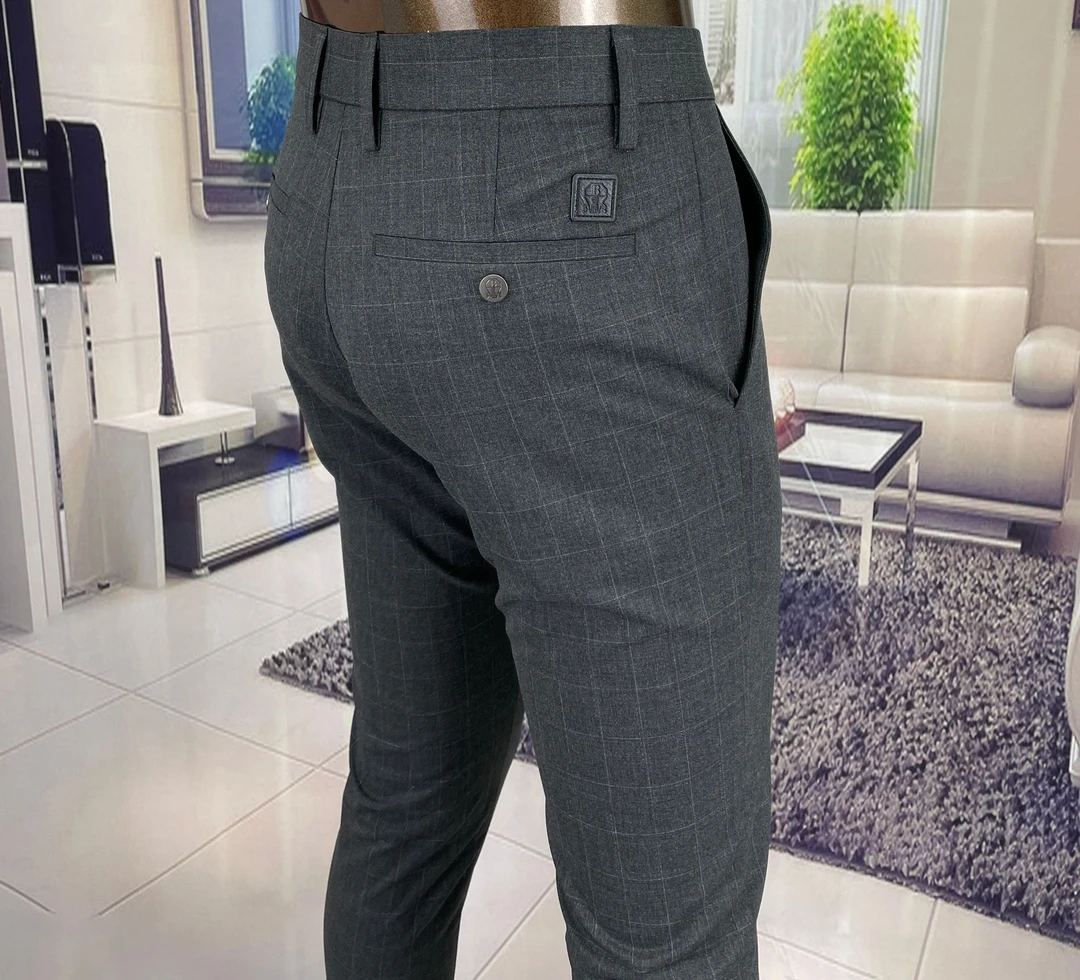 欧货高端定制色织格纹秋冬商务休闲长裤灰色修身小脚