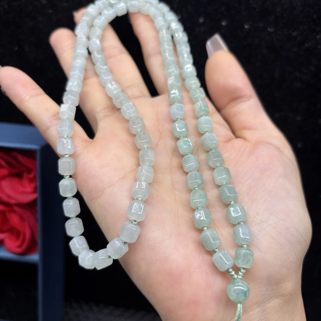 保真天然缅甸翡翠A货冰晴水多棱珠6mm吊坠绳玉石珠链毛衣链百搭款