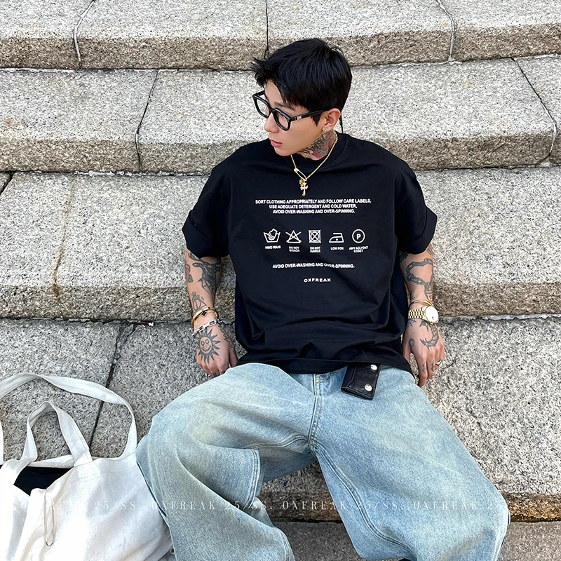 OXFREAK 「水洗标识 英文印花」300G重磅纯棉短袖t恤男黑色五分袖