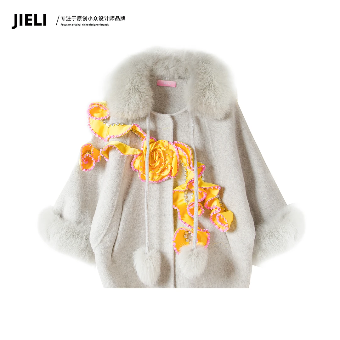 JIE LI/街力定制原创小众设计师时尚气质灰色斗篷大衣女T10151