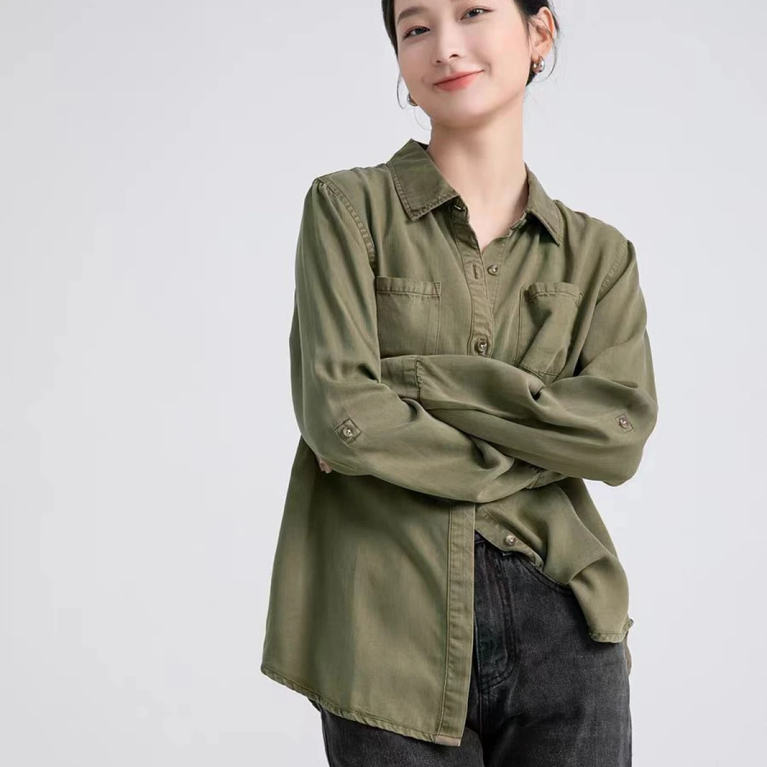 2025年春秋新款水洗柔软手挽袖正肩长袖工装衬衣女CS125(A28-7)