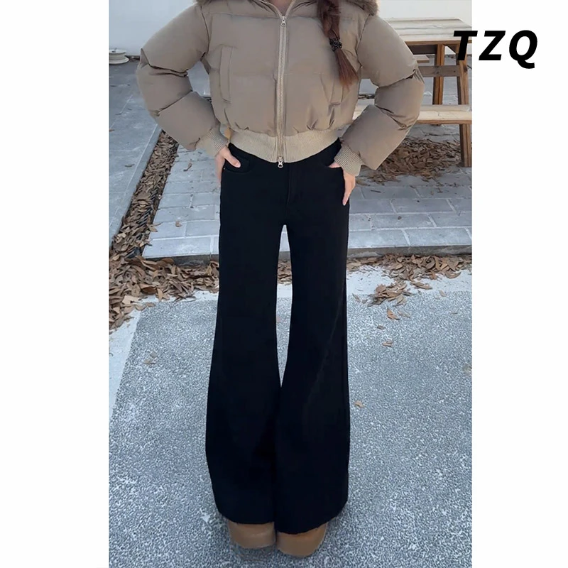 黑色百搭不贴腿微喇加绒牛仔裤女2024美式高腰拖地长裤 TZQ110811