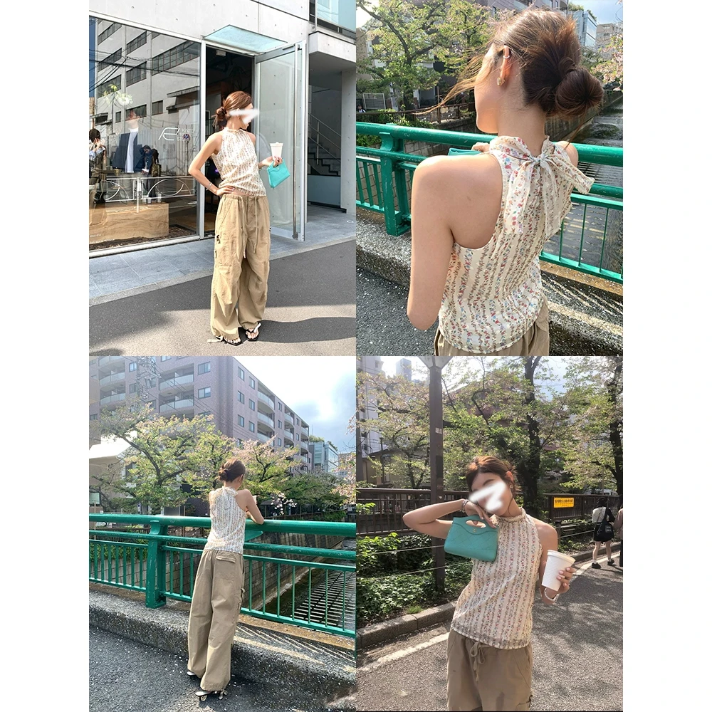 巴黎古董店 气质复古格纹翻折飘带无袖显瘦挂脖外穿背心时尚百搭