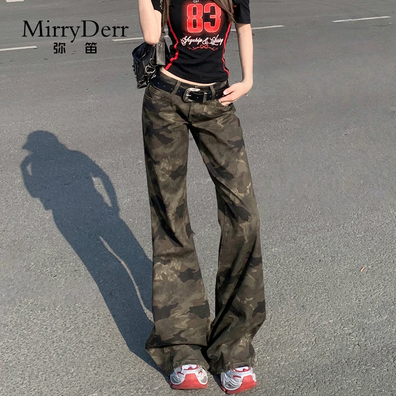 MirryDerr/弥笛迷彩低腰牛仔裤女2025夏季新款美式复古工装喇叭裤