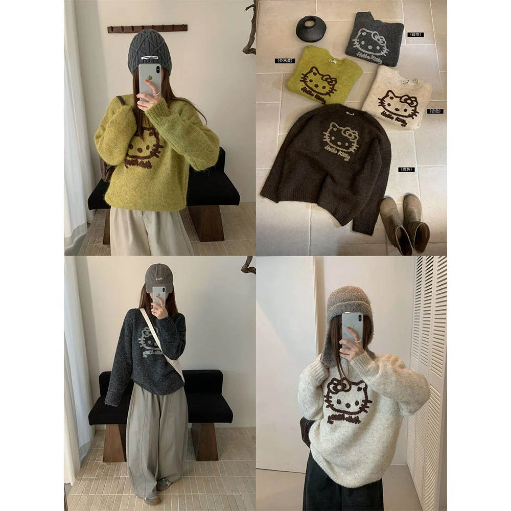 韩系植绒绣花圆领彩纱宽松显瘦百搭毛衣女22858#